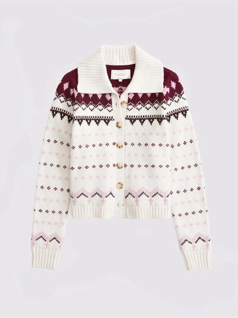 Abercrombie & Fitch Fair Isle Cardigan in Cream & Burgundy Size Medium NWT
